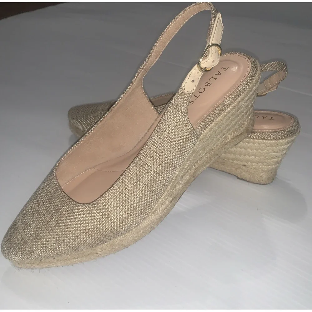 Talbots Vivi Raffia Slingback Espadrille Wedges Beige Canvas Preppy Size 8.5M